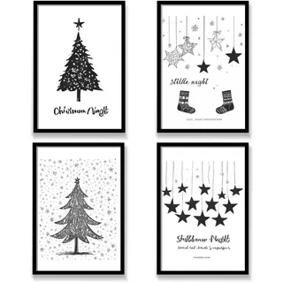 Viusneun 4er Designed Poster Set, Bilder als Weihnachtsdekoration Moderne Schwarz Weiß Wandbilder Weihnachten Thema Ohne Rahmen Kunstposter für Wohnzimmer Schlafzimmer Deko (21 x 30 cm)