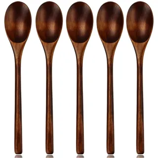 Aoosy Holzlöffel Esslöffel 5 Stück im japanischen Stil Küchengerät Langen Griff Nanmu Holz Suppenlöffel Set zum Essen Mischen Rühren Kochen mit Box