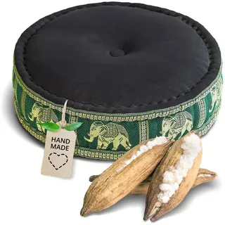 Livasia Meditationskissen mit Thaiseide - 45x15cm - Yogakissen mit Kapok, Pouf, Bodenkissen für Yoga und Zen Meditation, Sitzkissen für Garten und Balkon, Zafukissen (Schwarz/Grün/Elefanten Seide)