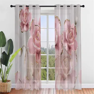 Hiseng Schiebegardinen Voile Vorhang Gardinen 2er Set, Rose Blume Druck Sheer Schiebevorhänge Lichtdurchlässig Flächenvorhänge für Wohnzimmer Schlafzimmer Fensterschal (140x160cm,Goldene Rose)