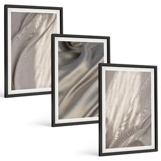 BILDER SET 3er Set - 40x60 cm Schwarzer Rahmen - Nahaufnahme von natürlichen Boho-Stoffen