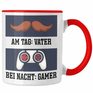 Trendation Tasse Vater Gamer Tasse Geschenk Bei Nacht Geschenkidee Papa Spruch Vatertag rot