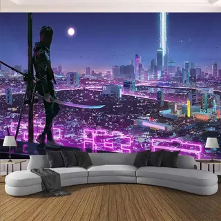 YlobdolY Extra großer Wandteppich, Motiv: Cyberpunk Future City, Fantasy-Nachtansicht, leichter Stoff, Kunstdekor für Schlafzimmer, Wohnzimmer, Studentenwohnheim, Outdoor, A 300 x 180 cm