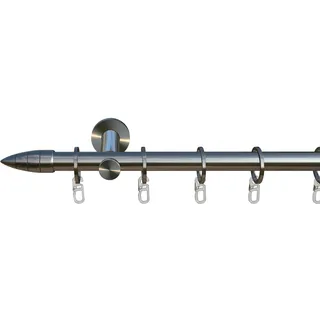 tilldekor Gardinenstange nach Maß, Menorca, 1-lauf, Edelstahl-Optik 20 mm Durchmesser, Wunschmaßlänge 250 cm inkl. Trägern,Endstücken, Ringen und Faltenlegehaken