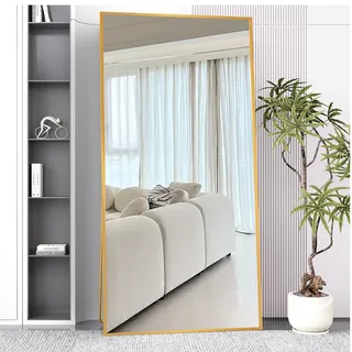 AUFHELLEN Ganzkörperspiegel Standspiegel 200x100cm mit Golden Metallrahmen Bodenspiegel HD Spiegel Groß Wandspiegel mit Haken für Wohn-, Schlaf- und Ankleidezimmer