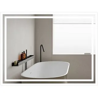 WDWRITTI Badspiegel LED Badezimmerspiegel mit Beleuchtung Wandspiegel 80x60/70x50cm (3 Lichtfarben mit Dimmbarer Helligkeit;Der Touch-Schalter;Speicherfunktion, Aluminium-Rahmen, 5MM umweltfreundlicher kupferfreier Spiegel), Zwei mattierte, leuchtende Bänder am Rande,wasserdicht, staubdicht 80 cm x 60 cm