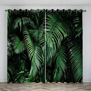 Boceoey Vorhang Blickdicht Dschungel Vorhänge mit ösen, Verdunklungsvorhänge für Wohnzimmer Schlafzimmer, Gardinen Palme Thermovorhang ösenvorhang 2er Set, H160xB140 cm