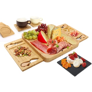 Todeco Bambus-Käsebrett mit Käsemesser Set, Charcuterie Board, mit 4 Käse-Messern, Ausziehbarer Schublade, Untersetzer und Schieferplattefür Weihnachten Valentinstag Geburtstag