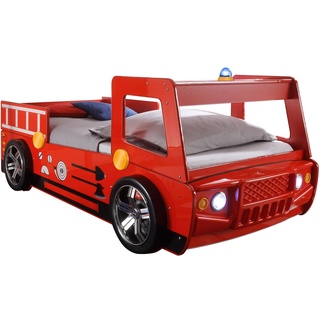 Begabino Kinderbett SPARK, Rot - 90 x 200 cm - Feuerwehrauto mit Blaulicht