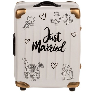 ReWu Spardose Sparschwein Trolley-Koffer Just Married aus Keramik Hochzeitsgeschenk