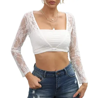 Buliezy Damen Crop Top Durchsichtig Oberteil Mesh Bauchfrei Oberteil Tops Netzstoff Shirt Frauen Spitze Ärmel Sommer Tiefen V-Ausschnitt, Vorne Offen Elastisch Sexy Spitze Futter - XXL