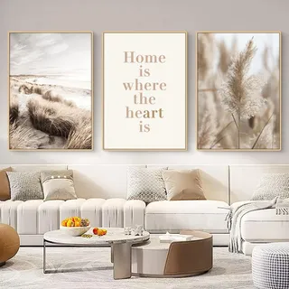 Viusneun Moderne 3er Poster Set, Beige Boho Pampas Gras Strand Bilder Zimmer Wanddeko, Leinwand Bilder für Wohnzimmer Schlafzimmer Esszimmer Wandbild Deko - ohne Rahmen (50x70cm)