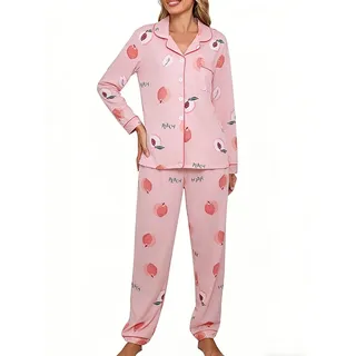 Minetom Damen Pyjama Set Schlafanzug mit Knopfleiste und Hemdkragen Zweiteiliges Nachtwäsche Leicht Langarm Shirt und Hosen Stil G 38 - 38