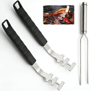 MUNTE 2 Stück Grillrost Heber 27 cm, Grillrostheber Edelstahl mit Einer Dicke von 3 mm, Grillrost Griffe mit Einer 29 cm Gabel, für Familien, Camping und Restaurants