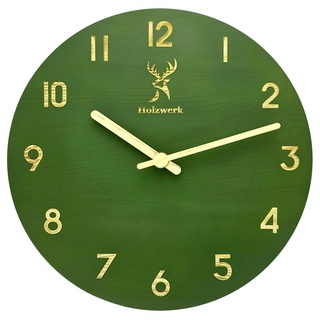 Holzwerk Natur Wanduhr Holz-Uhr Vintage lautloses Uhrwerk ohne Tickgeräusche Grün lautlos aus handgefertigtem Massivholz Natur Holz mit Hirsch Motiv (Grün.)