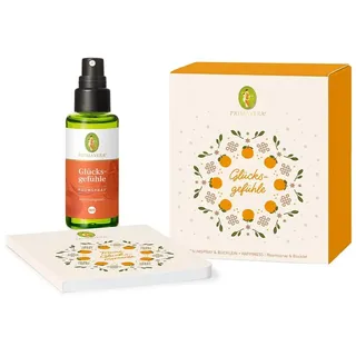 PRIMAVERA Geschenkset Glücksgefühle - Raumspray Bio und Notizbuch, Duft: Frisch-Zitrusartig Mit Mandarine Rot, Grapefruit, Tonka Extrakt - Vegan