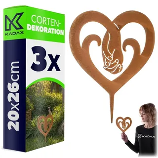 KADAX Gartenstecker Herz aus Cortenstahl, 20 x 26 cm, 3 Stück, Rostdeko für draußen, Edelrost Gartendekoration zum Stecken, Vintage Gartendeko, ... - Bronze