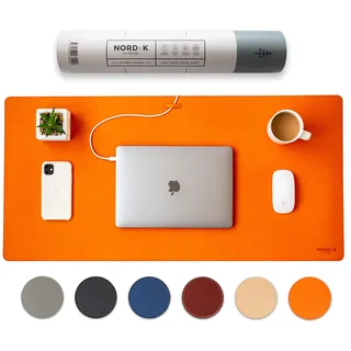 Nordik Leder Schreibtischunterlage Kabel-Organizer (Tangerine Orange 89 x 43 cm) Premium erweitertes Mauspad für Home Office Zubehör – rutschfestes, veganes Schutz & Schreibunterlage