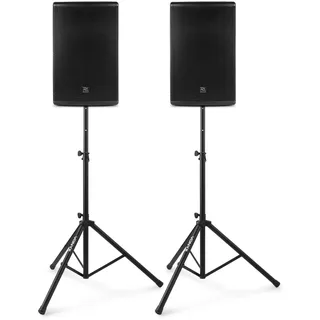 Power Dynamics PD412A - PA Anlage Komplettset, 2800 Watt, 2X Aktiv Lautsprecher, inkl. Boxenständer, Bluetooth, MP3, USB & SD, Mikrofonanschluss, mobiles PA System, DJ Boxen Set
