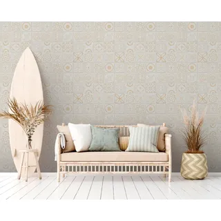 A.S. Création Vliestapete Fliesen Mosaik Floral Weiß Hellgrau Gold Glitzer 38921-1 Terra