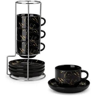 MALACASA Espressotassen 4er Set, 75 ml Espresso Tassen Dickwandig mit Untertassen & Ständer, Stapelbar Italienische Espressobecher aus Schwarz Porzellan, Spülmaschinengeeignet, Serie Regular