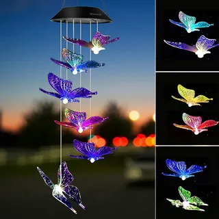 Kolibri Schmetterling Farbwechsel Solar LED Windspiel Solarlampen für außen, Windglocke LED Solarleuchte Wasserdicht Outdoor Deko Lampe Gartendeko (Schmetterling, Transparent)