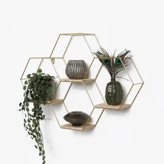 Ivol Wandregal, Gold, Metall, 4 Fächer, 58x40.5x10.5 cm, Wohnzimmer, Regale, Wandregale