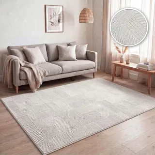 Paco Home Teppich Wohnzimmer Kurzflor, Moderne geometrische abstrakte Muster, 3D-Effekt, Regenbogen und Karo Design, glänzend luxuriös Ton in Ton, Farbe:Creme - Geometrisch, Grösse:230x320 cm