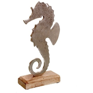 Linoows Dekoobjekt Seepferdchen maritime Deko Figur auf Mango Holz, Seepferdchen aus vernickeltem Aluminium silberfarben