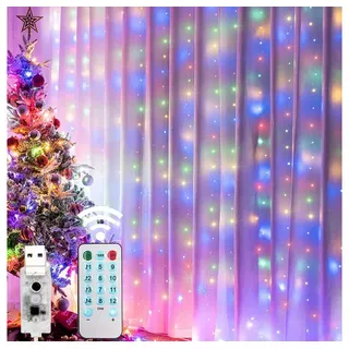 Sunicol LED-Lichterkette LED USB Vorhang Lichterkette Mit Hängendem, Haken Raum Fenster Dekor, Dimmbar Warmweiß/Bunt, Lichtervorhang mit 8 Lichtmodelle