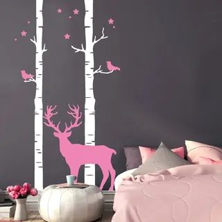 Wandtattoo Loft "Birkenstämme mit Hirsch, Vögeln und Sternen (2farbig)“ / BITTE TEILEN SIE UNS IHRE WUNSCHFARBEN PER NACHRICHT MIT/Wandaufkleber / 54 Farben / 3 Größen / / 180 cm x 96 cm