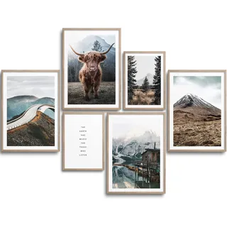 MONOKO® Wohnzimmer Poster Set - Premium Bilder Set für Schlafzimmer - Stilvolle Wandbilder - 6er Set ohne Rahmen (Set Natur, Büffel, Berge, 4x A4 | 2x A5)