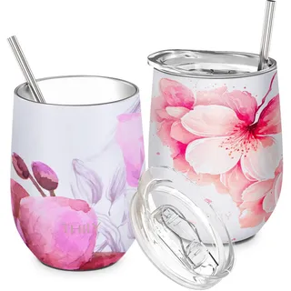 THILY Vakuumisolierter Weinkelch ohne Stiel 12 oz Edelstahl-Weinglas mit Deckel und Strohhalm, hält Kaffee oder Cocktails kalt oder heiß, 2er-Pack (Lotusblüte + Kirschblüten)