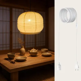 METHDEECO Hängelampe 45 x 35 cm aus Stoff und Bambus mit Stecker | Handgefertigt, Boho/Japandi Stil, Mit Schalter, Für Schlafzimmer, Wohnzimmer, Essbereich, Ohne Leuchtmittel