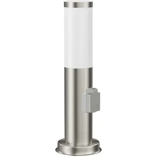 ledscom.de Pollerleuchte PORU mit Steckdose für außen, edelstahl, 39 cm, inkl. E27 LED, Energieeffizienzklasse A (warmweiß, 4W, 935lm)