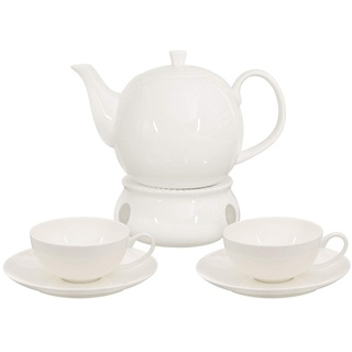 Buchensee Tee-Set / 6-teiliges Tee-Set, Teekanne 1,5 Liter mit 150ml Teetasse, Untertasse und Stövchen, Fine Bone China, Aricola®