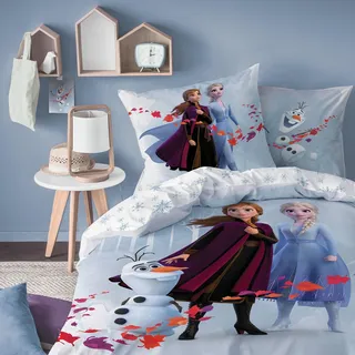 Frozen 2 · Bettwäsche-Set Disney`s die Eiskönigin 135x200cm + 80x80cm · Anna, ELSA & Olaf Mädchen-Bettwäsche - 100% Baumwolle Kinderbettwäsche 135x200