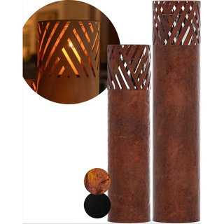 BENTSON Windlichtsäule Rost Design I 2er Set I Deko-Säule für Garten im Rost Industrial Design I Garten Windlicht für draußen und drinnen I Rost Laterne inklusive Kerzen I Streifen I 95cm + 75cm