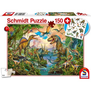 Schmidt Spiele Puzzle 56332 Wilde Dinos, inklusive Tattoos Dinosaurier,Kinderpuzzle,150 Teile, bunt