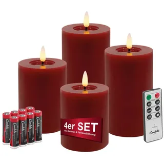 LC Home LED-Kerze Candela Lights LED Kerzen Echtwachs 4erSet mit Fernbedienung Batterien (Komplett-Set), LED Kerzen mit Timerfunktion Fernbedienung Dimmbar rot
