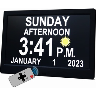 MAXCULUX 【Verbessert】 29,2 cm große Digitaluhr mit Tag und Datum für Senioren, automatische Sommerzeit, 19 Alarme und automatisch dimmbar, nicht abgekürzte Uhr für ältere Menschen, Demenz, Alzheimer