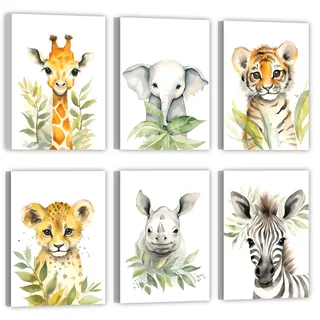 LZIMU Baby Safari Tiere Kinderzimmer Bild auf Leinwand 6 Stück süße Giraffe Elefant Tiger Leopard Nashorn Zebra Poster Leinwand Bild Kinderzimmer Dekoration (Gerahmt, 20.00x30.00cms x6)