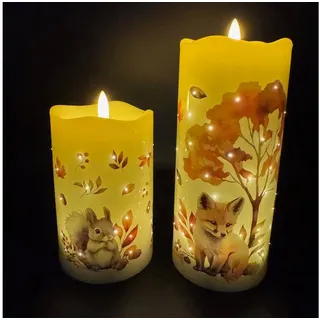 Online-Fuchs LED-Kerze - 2er Set Motivkerzen mit Funkellichtern und 6-Stunden Timer (14 und 19 cm groß, realistische Kerzenflamme), Dekoration für Herbst, Winter und Weihnachten