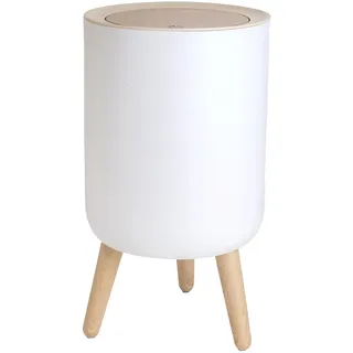 INTIRILIFE Kosmetikeimer hoher Mülleimer in Weiß mit beiger Abdeckung und Bambus-Optik - 22.2 x 36.4 cm - Tischeimer mit Druckknopföffnung für Bad Büro Küche Abfalleimer mit Kratzschutz