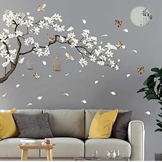 Wandsticker Kirschblüte Und Vogel Auf Dem Zweig Sticker Schlafzimmer Erwachsene Kirschblüten Vintage-stil Diy Grösse 187 X 128 Cm Aufkleber Kopfteil Jugendzimmer Vinyl Wandkunst Aufkleber