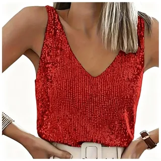 Damen Glänzendes Pailletten Top Ärmellos V-Ausschnitt für slim Fit Basic | für glitzer Pailletten Top DamenÄrmelloses Shirt V-AusschnittEnganliegendes Tanktop PartyElastisches Oberteil(S Red)