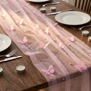 PLUSHCEWT Tischläufer Tüll mit Perlen 75x300 cm, Rosa Käsetuch Tischläufer | Modern Tischband für Hochzeit Geburtstag Party, Elegante Romantische Hochzeitsdeko Tischdeko für festliche Anlässe