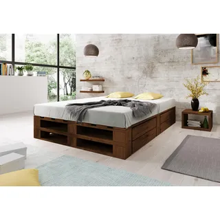 Lermowood Palettenbett M2 aus Holz 180 x 200 cm Palisander mit Lattenrost und 2 Bettkästen Holzbett 30cm Stabiles Seniorenbett Kinderbett Jugendbett Gästebett erhöhtes Bettgestell Futon Komforthöhe