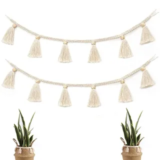 Quasten Girlande, Boho Style Boho Fensterdeko Deko (Weiß) (2 Stück) | Boho Wandbehang, Boho Wanddeko, Schönheit, für Wohnheim, Wohnzimmer, Schlafzimmer, Drinnen und Draußen, Hängedekoration