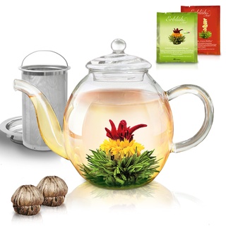 Creano Teekanne aus Glas 1,0l - inklusive 2 Teeblumen - Glasteekanne mit Integriertem Edelstahl-Sieb und Glas-Deckel, tropffrei